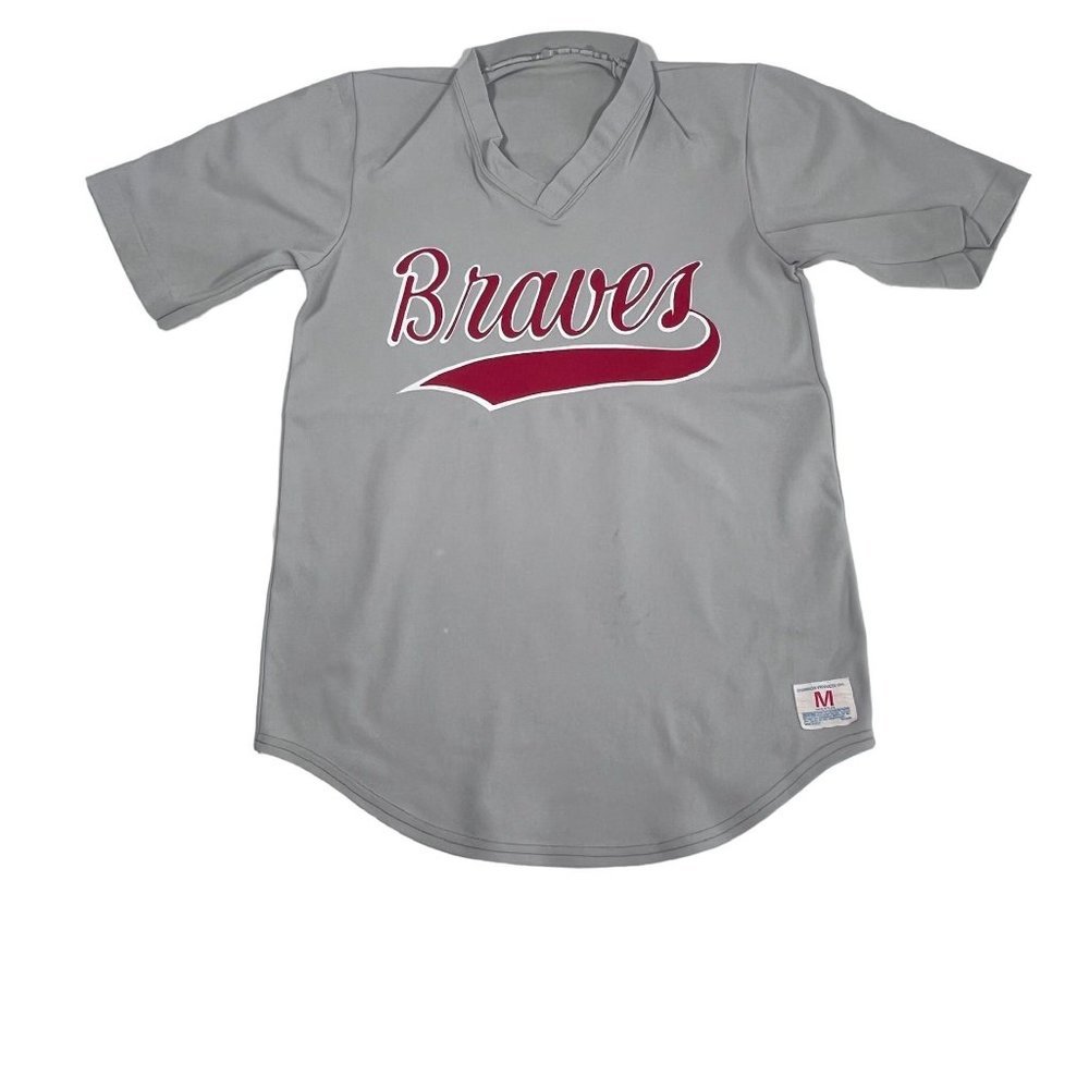 VTG 80s Champion‎ Products Medium Softball Baseball Jersey Braves #12 Grey Red